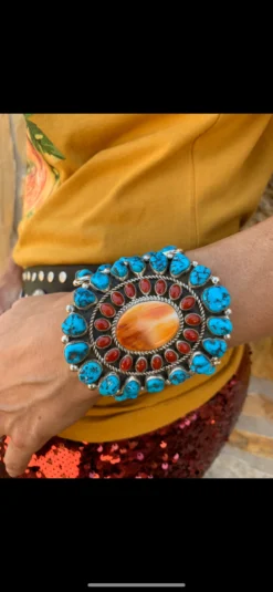 Turquoise And Coral Sunset Cuff Bracelet